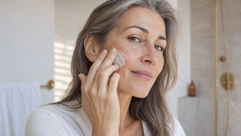 Woman in her late forties smoothing a rich cream onto her cheek in warm morning light