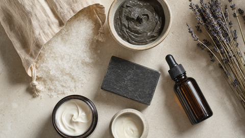 Assortment of Dead Sea bath salt, mineral mud, mud soap and creams on limestone