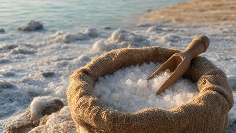 Open sack of coarse Dead Sea salt crystals with a wooden scoop at the shore of the Dead Sea