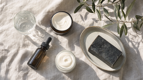 Flat lay of a simple Dead Sea skincare routine: serum, creams and mud soap on linen