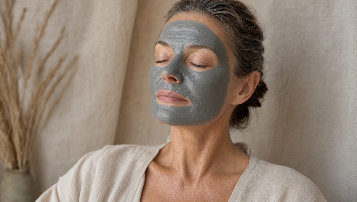 امرأة تضع قناع طين البحر الميت على وجهها بعينين مغمضتين في ضوء طبيعي ناعم