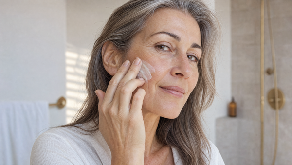 Woman in her late forties smoothing a rich cream onto her cheek in warm morning light