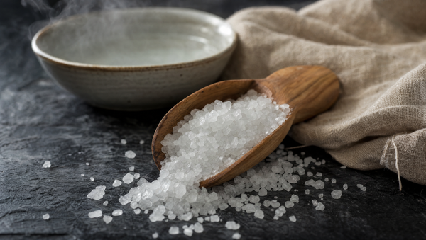 Wooden scoop of coarse Dead Sea salt crystals beside a bowl of warm water