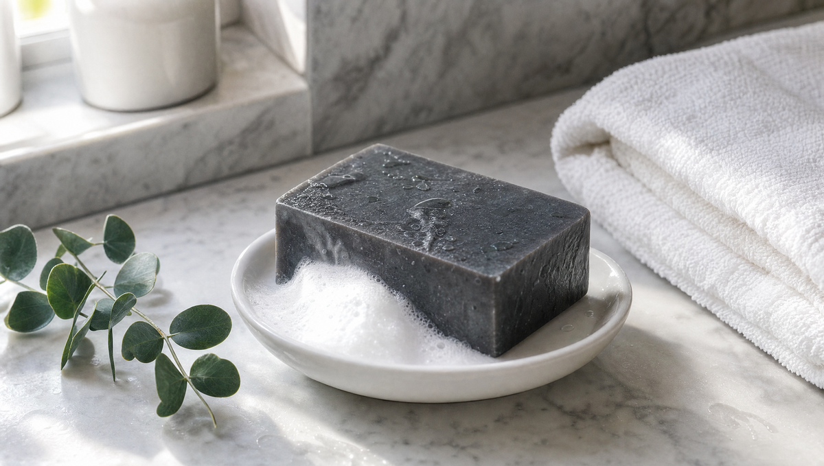 Dark Dead Sea mud soap bar with lather on a white ceramic dish