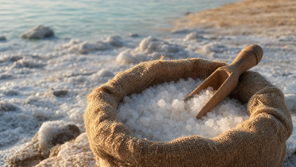 Open sack of coarse Dead Sea salt crystals with a wooden scoop at the shore of the Dead Sea