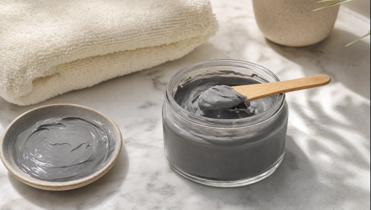 Open jar of smooth dark Dead Sea soft mud with a wooden spatula on marble