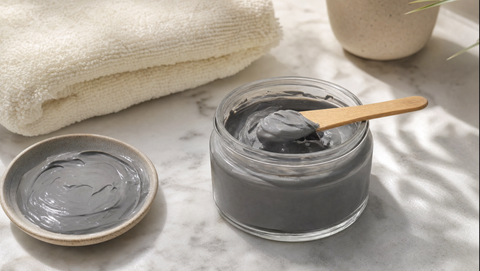 Open jar of smooth dark Dead Sea soft mud with a wooden spatula on marble