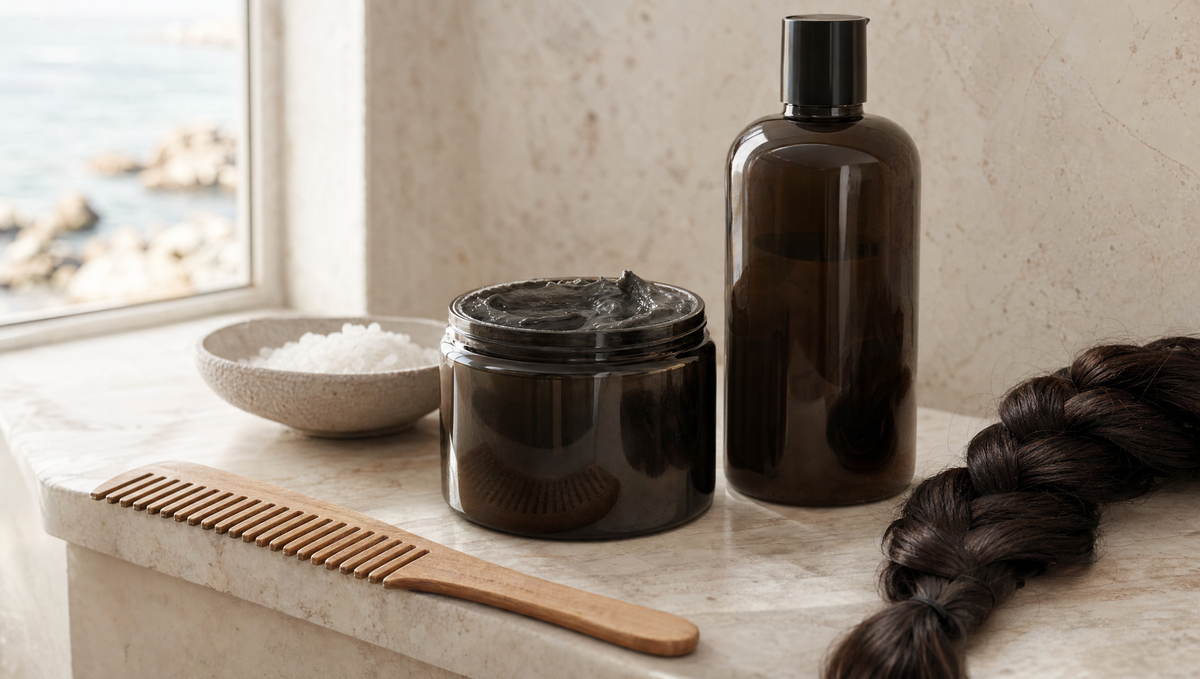 Dead Sea hair mud jar, shampoo bottle and a wooden comb beside a braid of dark hair