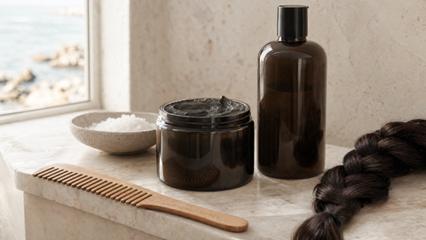 Dead Sea hair mud jar, shampoo bottle and a wooden comb beside a braid of dark hair