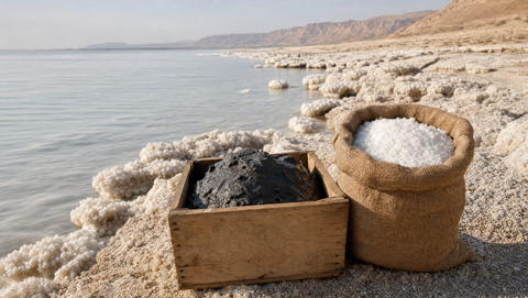 صندوق خشبي من طين البحر الميت وكيس خيش من الملح على شاطئ البحر الميت في الأردن